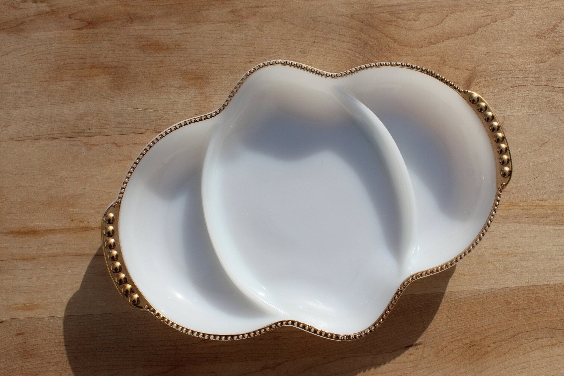 Fire-King Milk Glass Divided Serving Dish — Three Compartments, Gold Dot Trim, 11" x 7.5" - Loom Vintage