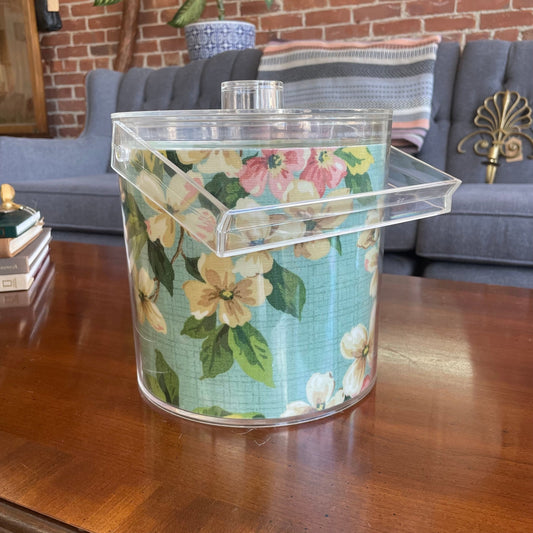 Floral Acrylic Ice Bucket with Clear Lid and Handle – 1960s Mod Style - Loom Vintage