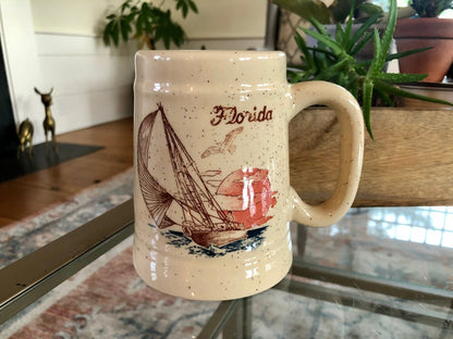 Florida Souvenir Coffee Mug — Sailing Scene, Beige, 5"H, c. 1970s - Loom Vintage