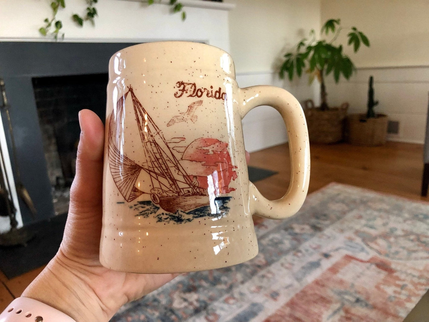 Florida Souvenir Coffee Mug — Sailing Scene, Beige, 5"H, c. 1970s - Loom Vintage