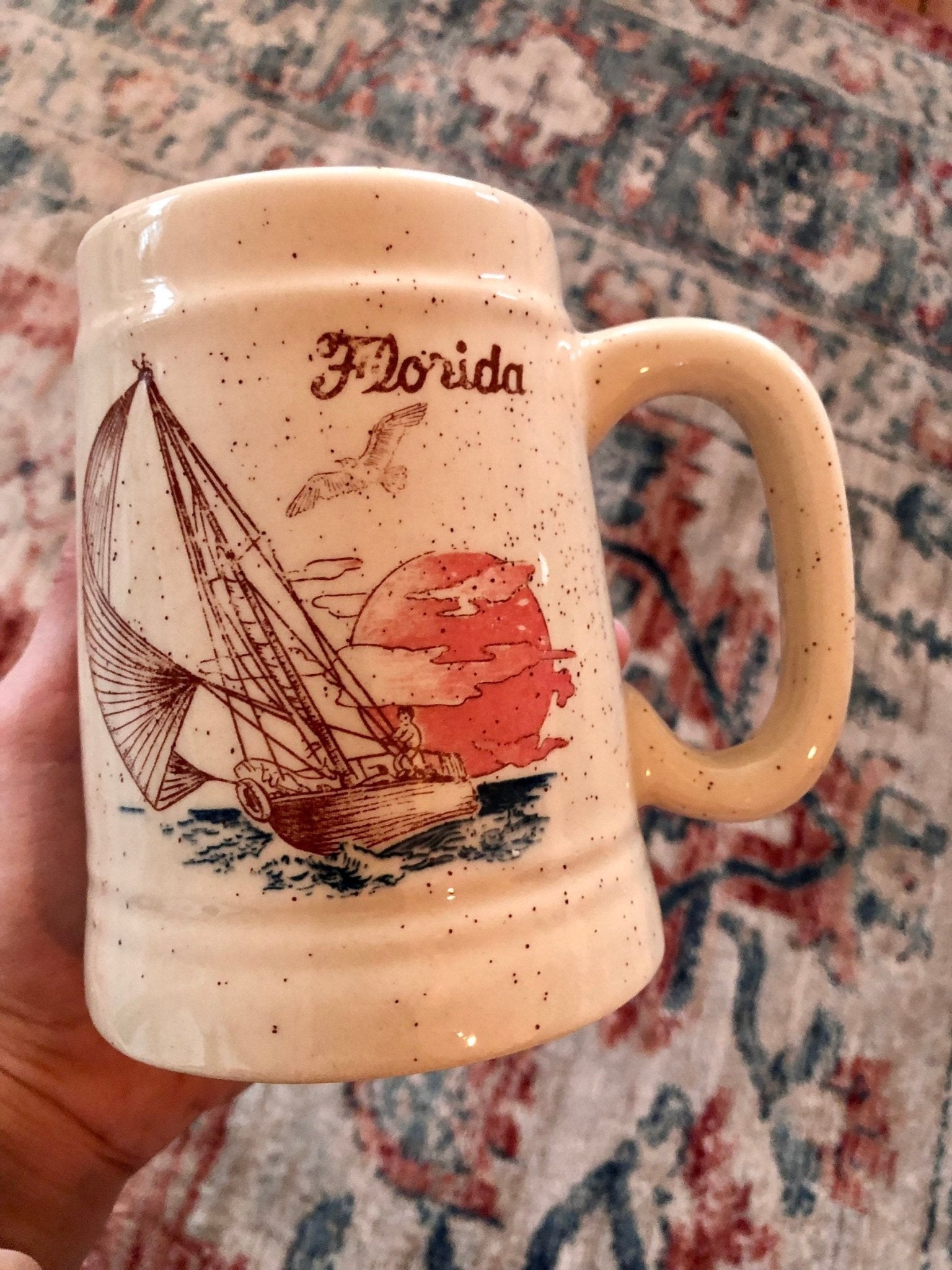 Florida Souvenir Coffee Mug — Sailing Scene, Beige, 5"H, c. 1970s - Loom Vintage