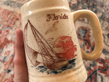 Florida Souvenir Coffee Mug — Sailing Scene, Beige, 5"H, c. 1970s - Loom Vintage