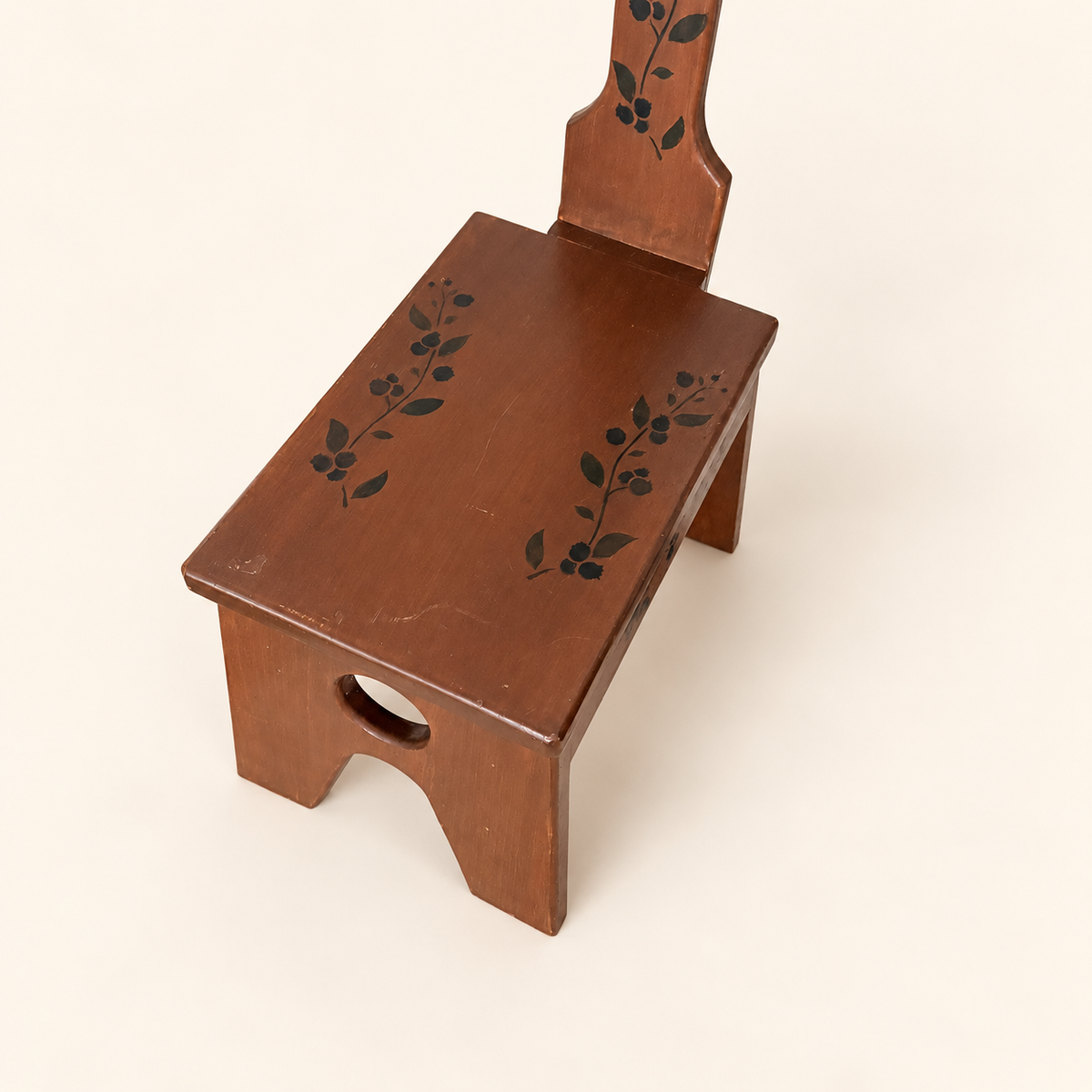 Country wood step stool with stenciled blueberry design, front view