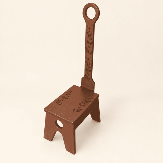 Folk art step stool with tall handle and stenciled blueberry sprigs