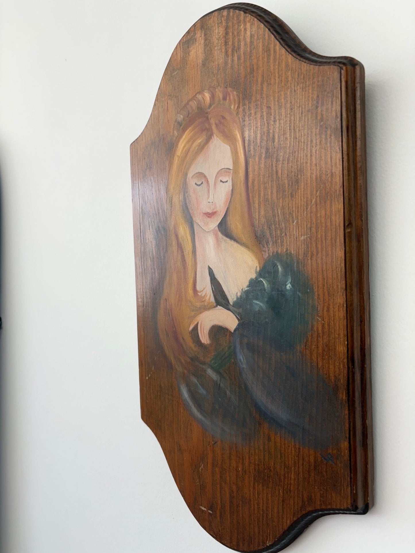 Folk Art Portrait of a Young Woman – Hand-Painted Acrylic on Wood Plaque - Loom Vintage