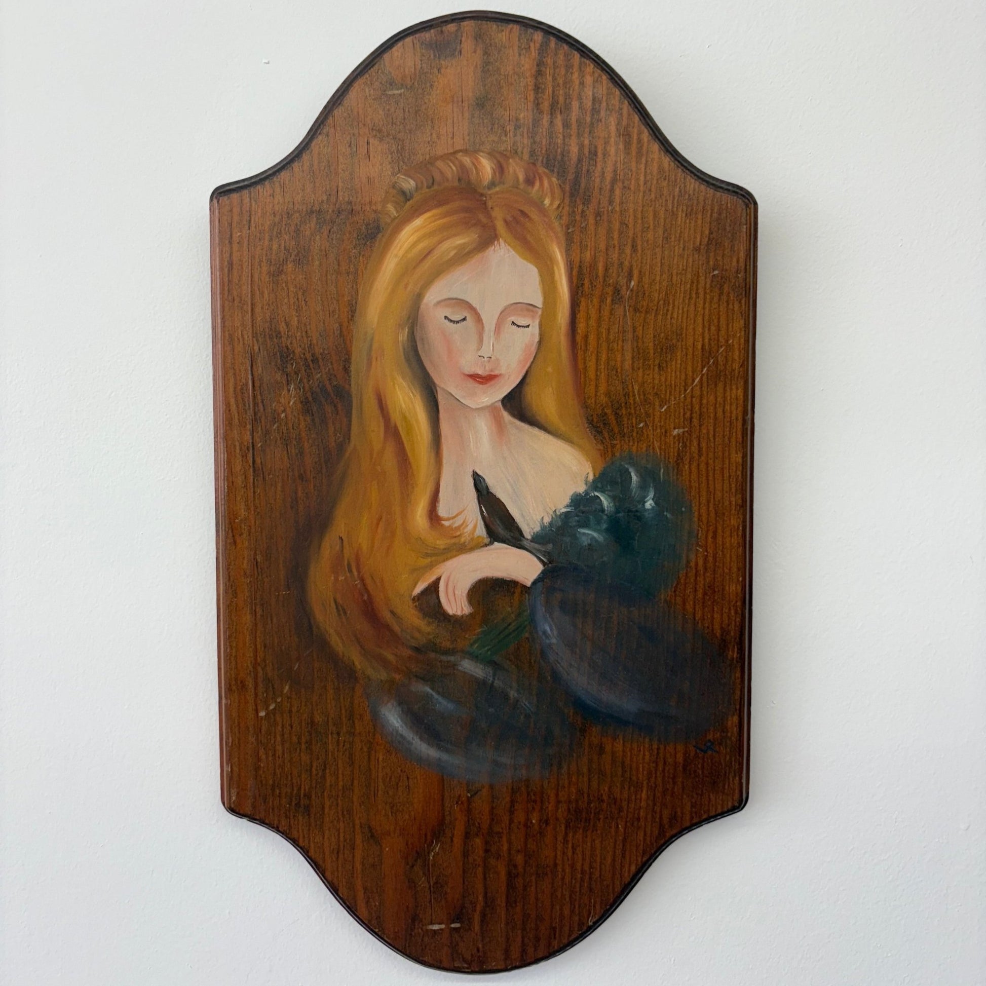 Folk Art Portrait of a Young Woman – Hand-Painted Acrylic on Wood Plaque - Loom Vintage