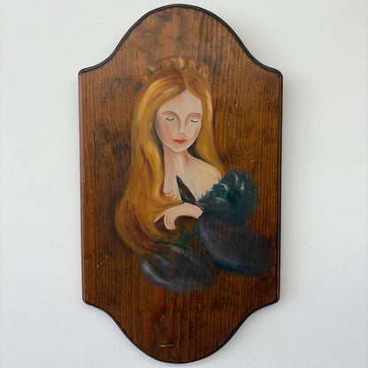 Folk Art Portrait of a Young Woman – Hand-Painted Acrylic on Wood Plaque - Loom Vintage
