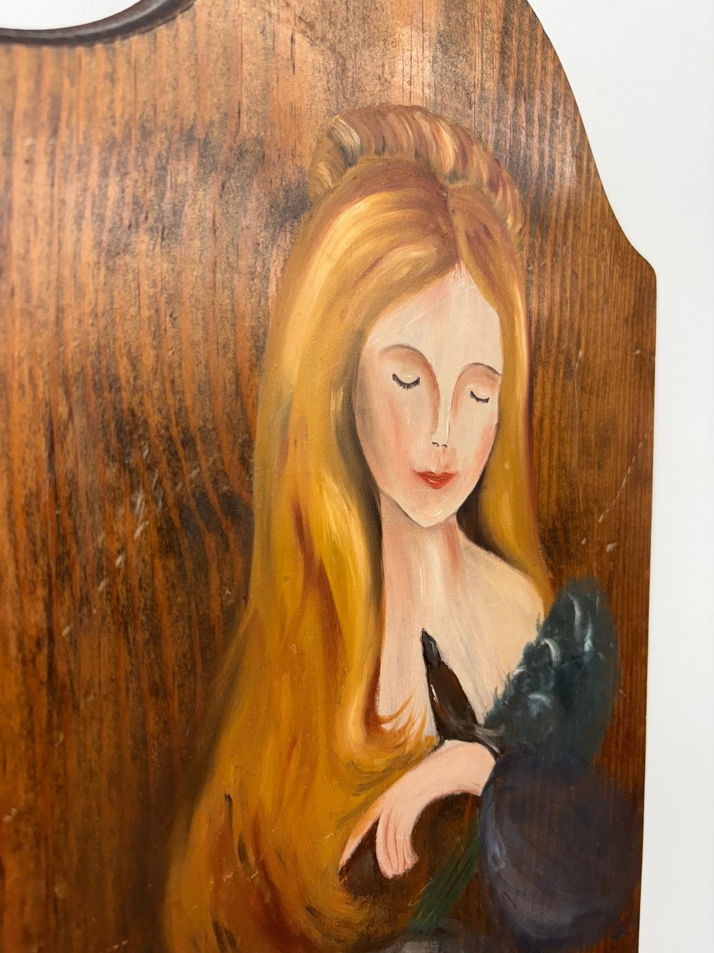 Folk Art Portrait of a Young Woman – Hand-Painted Acrylic on Wood Plaque - Loom Vintage