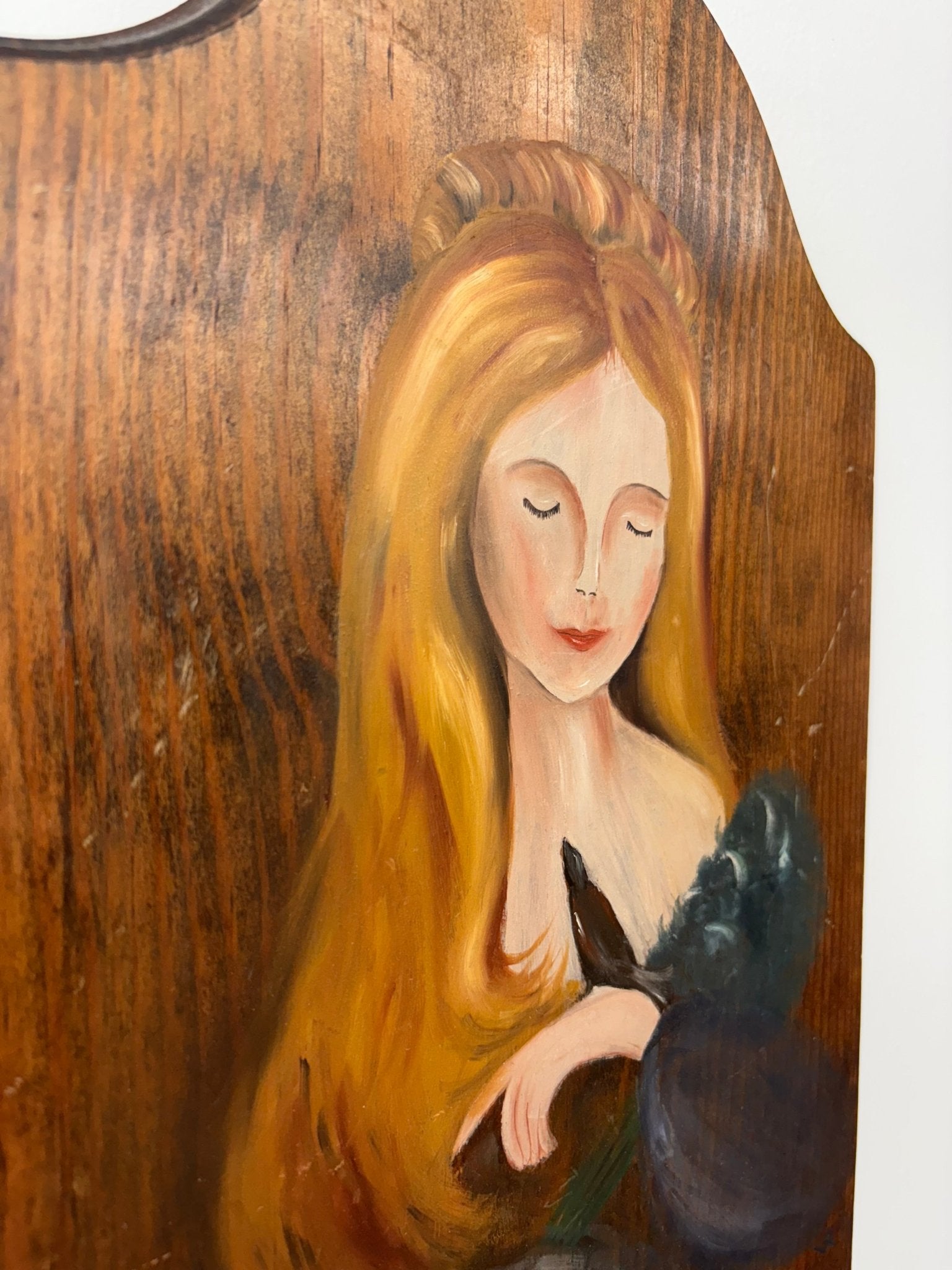 Folk Art Portrait of a Young Woman – Hand-Painted Acrylic on Wood Plaque - Loom Vintage
