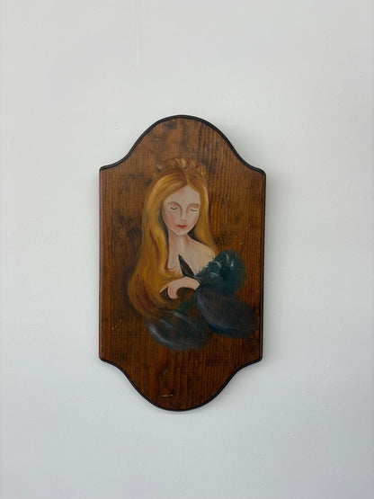 Folk Art Portrait of a Young Woman – Hand-Painted Acrylic on Wood Plaque - Loom Vintage