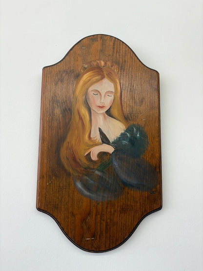 Folk Art Portrait of a Young Woman – Hand-Painted Acrylic on Wood Plaque - Loom Vintage