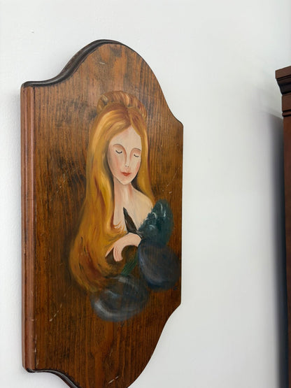 Folk Art Portrait of a Young Woman – Hand-Painted Acrylic on Wood Plaque - Loom Vintage