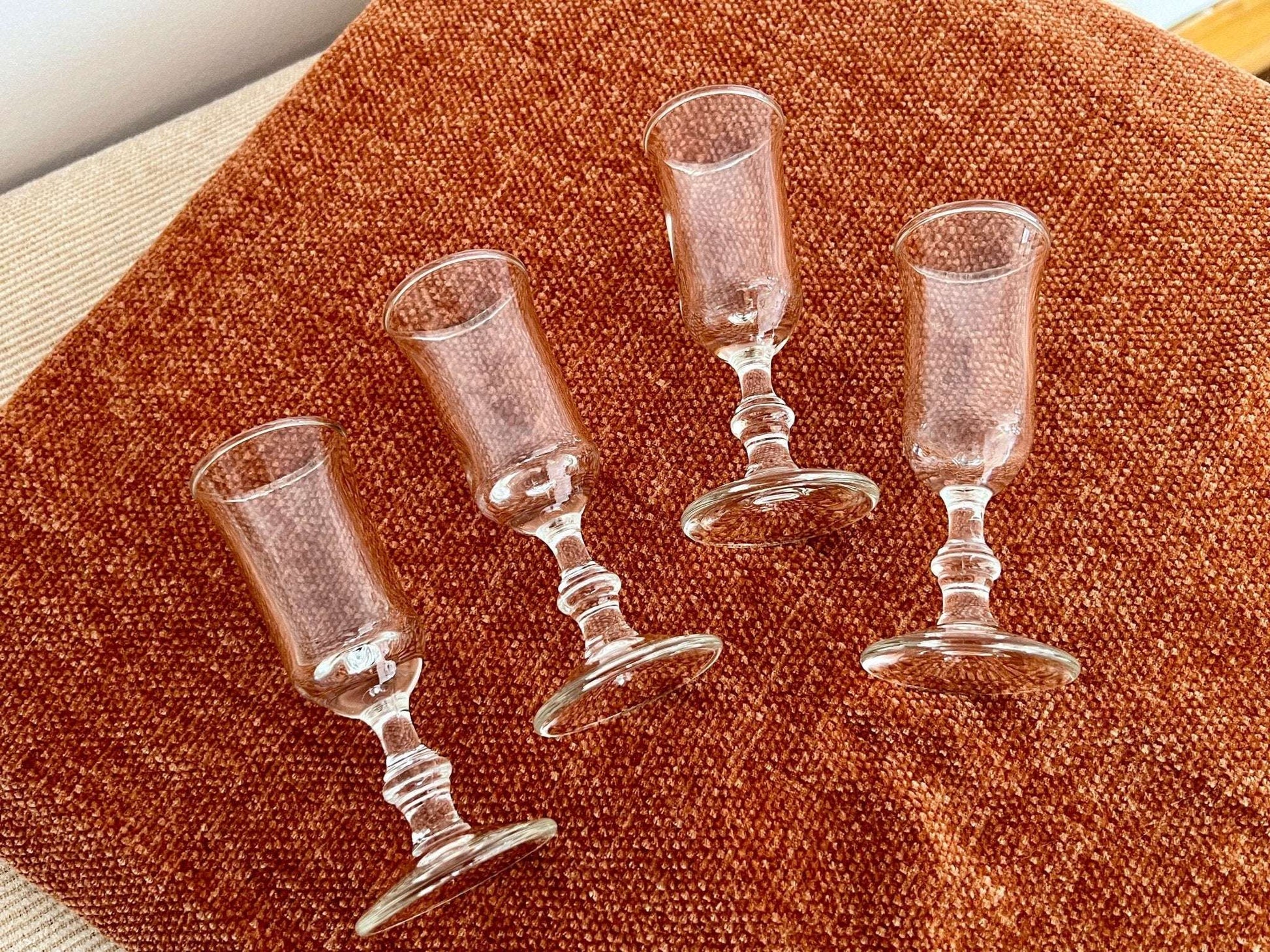 Footed Shot Glasses, Set of 4 — Clear Flute Form, 4"H, Mid - Century Barware, - Loom Vintage