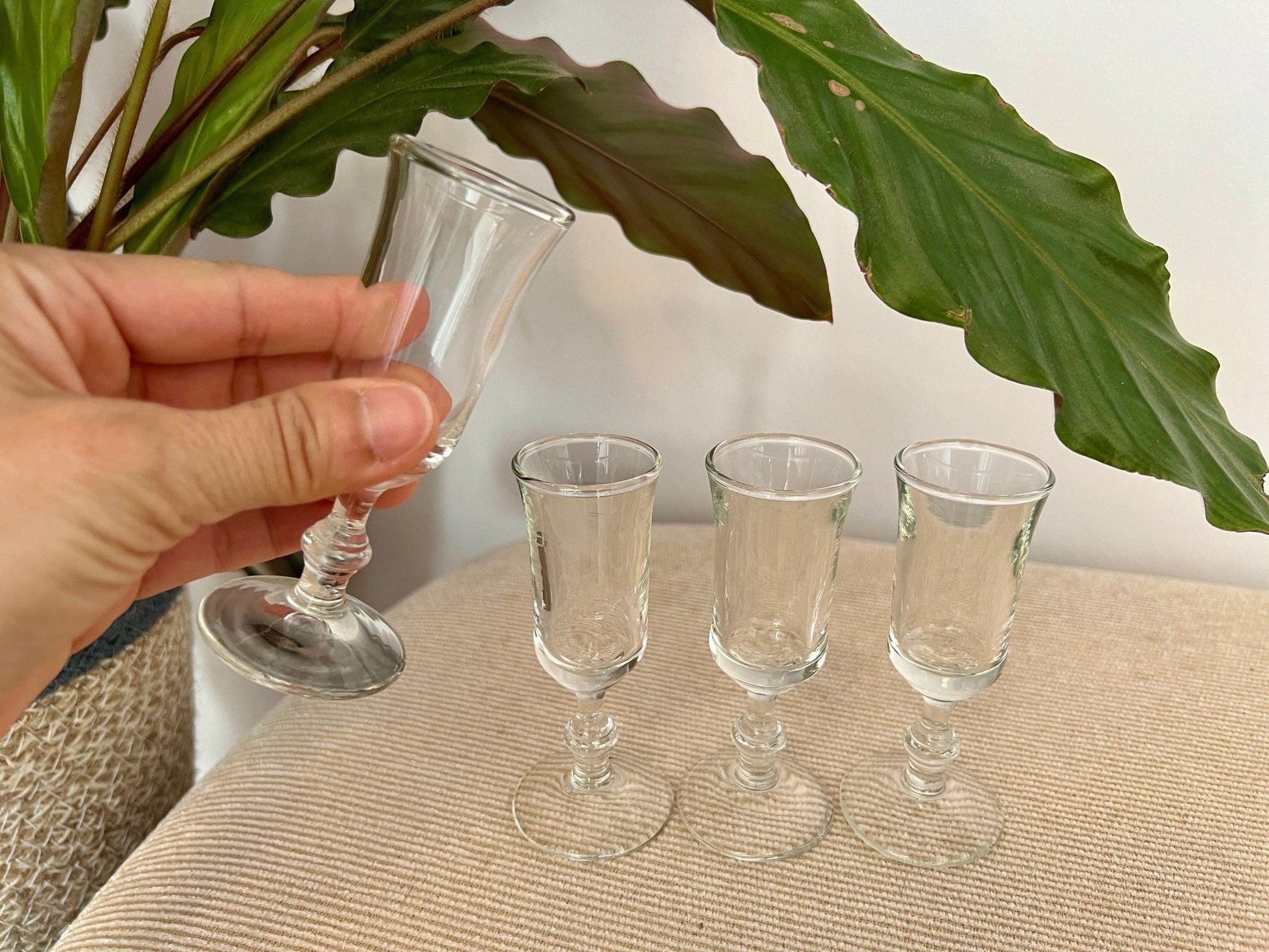 Footed Shot Glasses, Set of 4 — Clear Flute Form, 4"H, Mid - Century Barware, - Loom Vintage