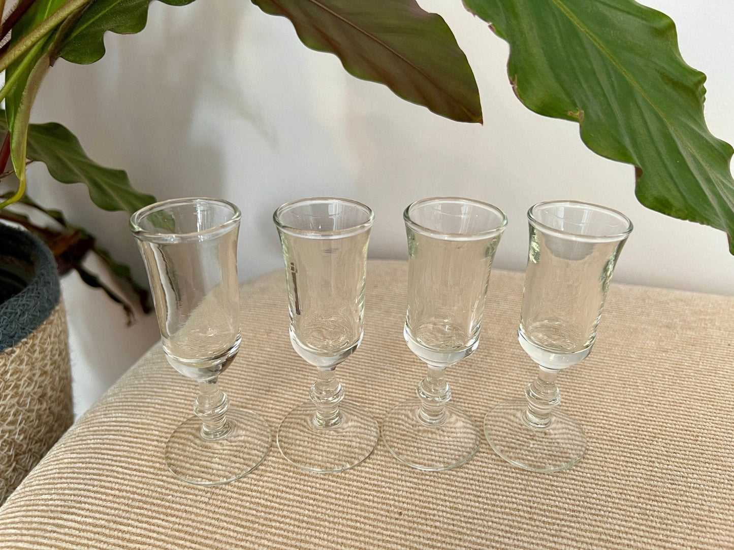 Footed Shot Glasses, Set of 4 — Clear Flute Form, 4"H, Mid - Century Barware, - Loom Vintage