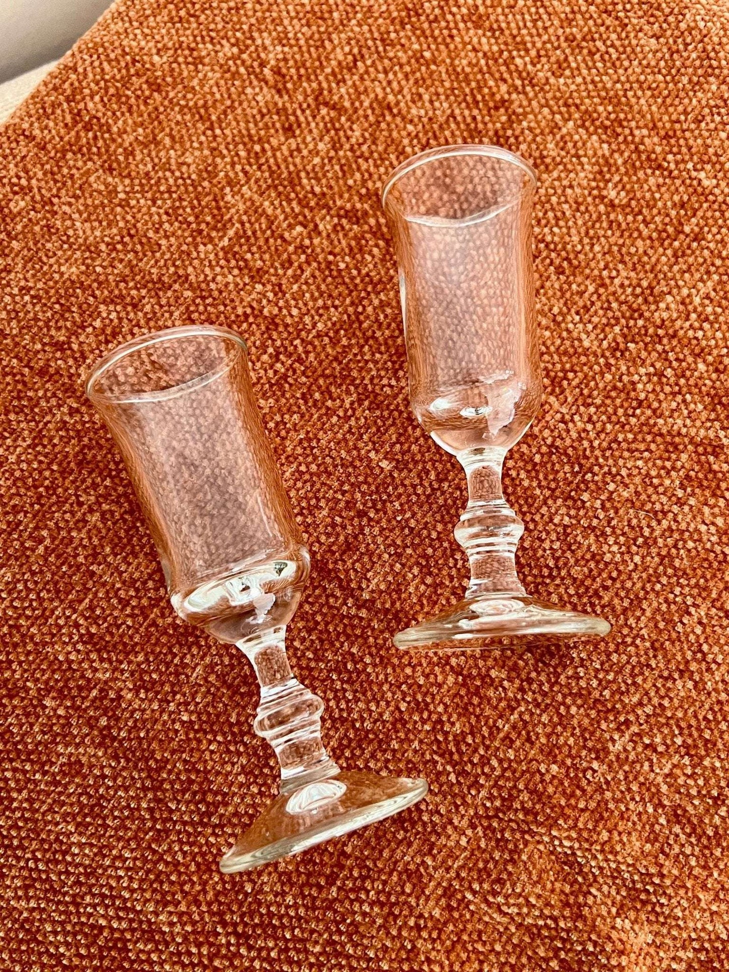 Footed Shot Glasses, Set of 4 — Clear Flute Form, 4"H, Mid - Century Barware, - Loom Vintage