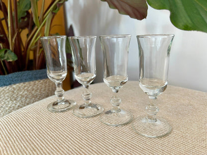 Footed Shot Glasses, Set of 4 — Clear Flute Form, 4"H, Mid - Century Barware, - Loom Vintage