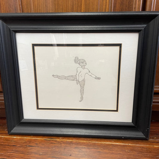Framed Graphite Ballerina Drawing – Signed Surreal Line Art - Loom Vintage