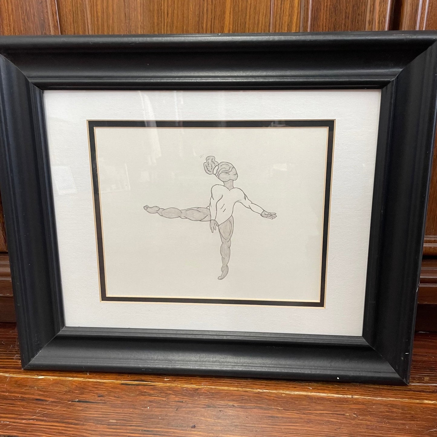 Framed Graphite Ballerina Drawing – Signed Surreal Line Art - Loom Vintage