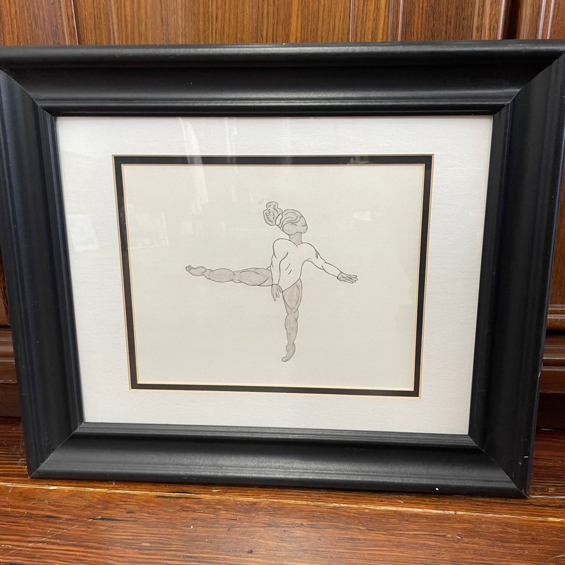 Framed Graphite Ballerina Drawing – Signed Surreal Line Art - Loom Vintage