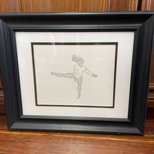 Framed Graphite Ballerina Drawing – Signed Surreal Line Art - Loom Vintage