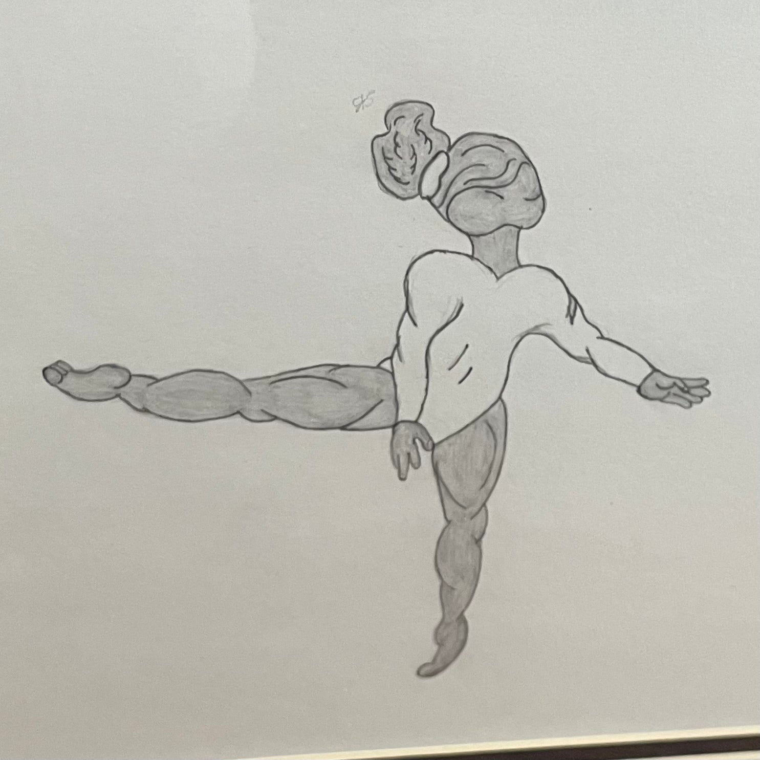 Framed Graphite Ballerina Drawing – Signed Surreal Line Art - Loom Vintage