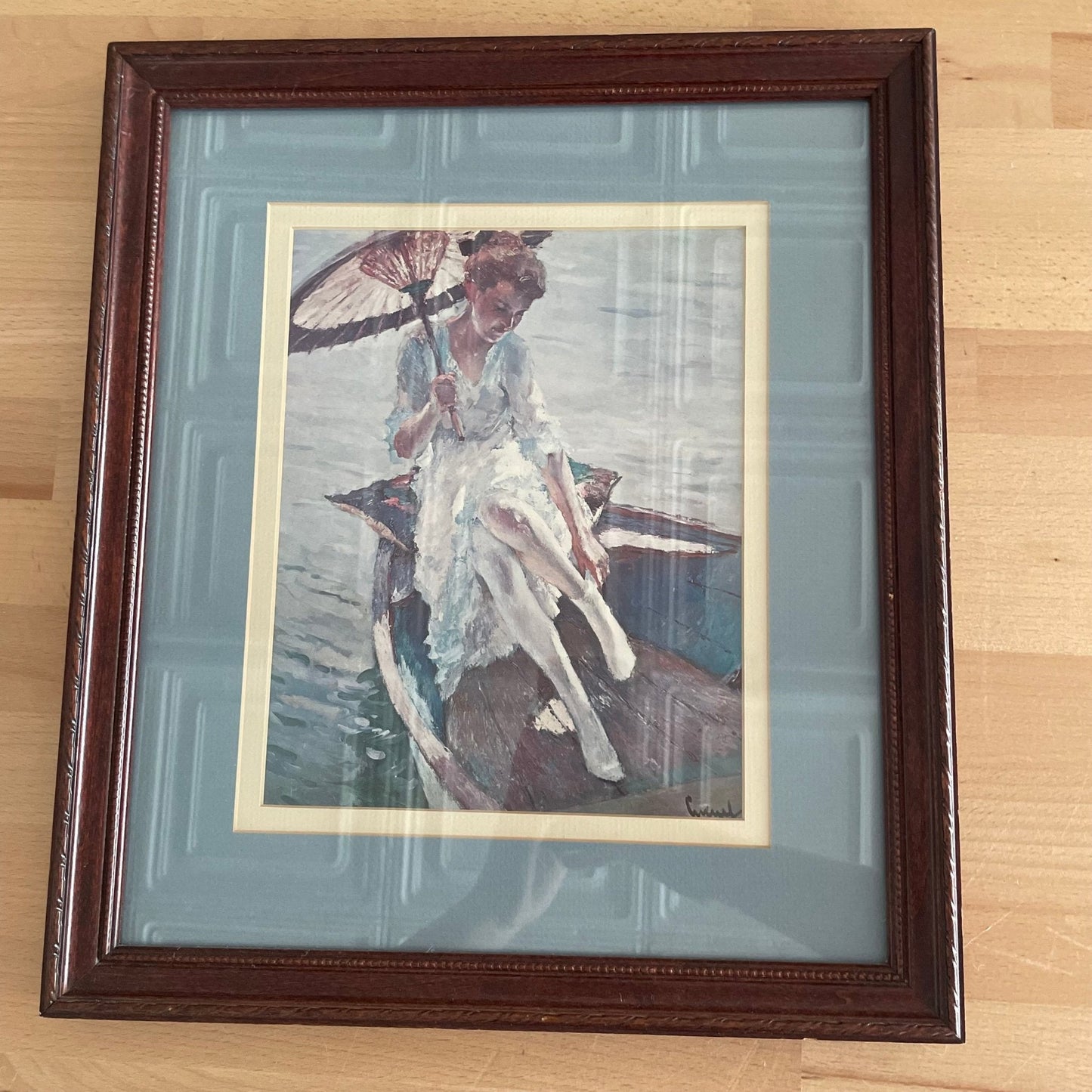 Framed Print of Woman in Boat with Parasol, Signed Artwork in Blue Mat - Loom Vintage