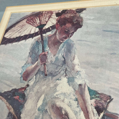 Framed Print of Woman in Boat with Parasol, Signed Artwork in Blue Mat - Loom Vintage