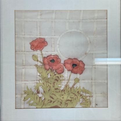 Framed Silk Poppy Artwork on Batik - Style Background, 1980s - Loom Vintage