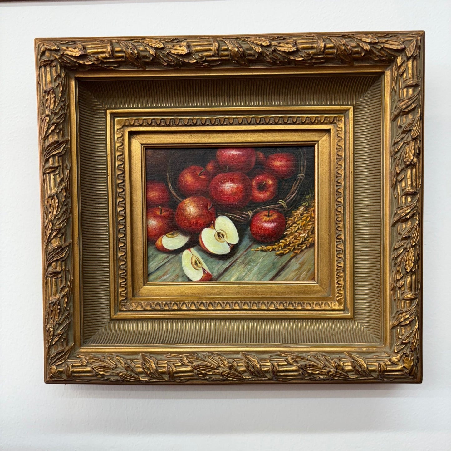 Framed Still-Life Oil — Basket of Red Apples, Ornate Gilt Frame, 20″ × 18″ - Loom Vintage