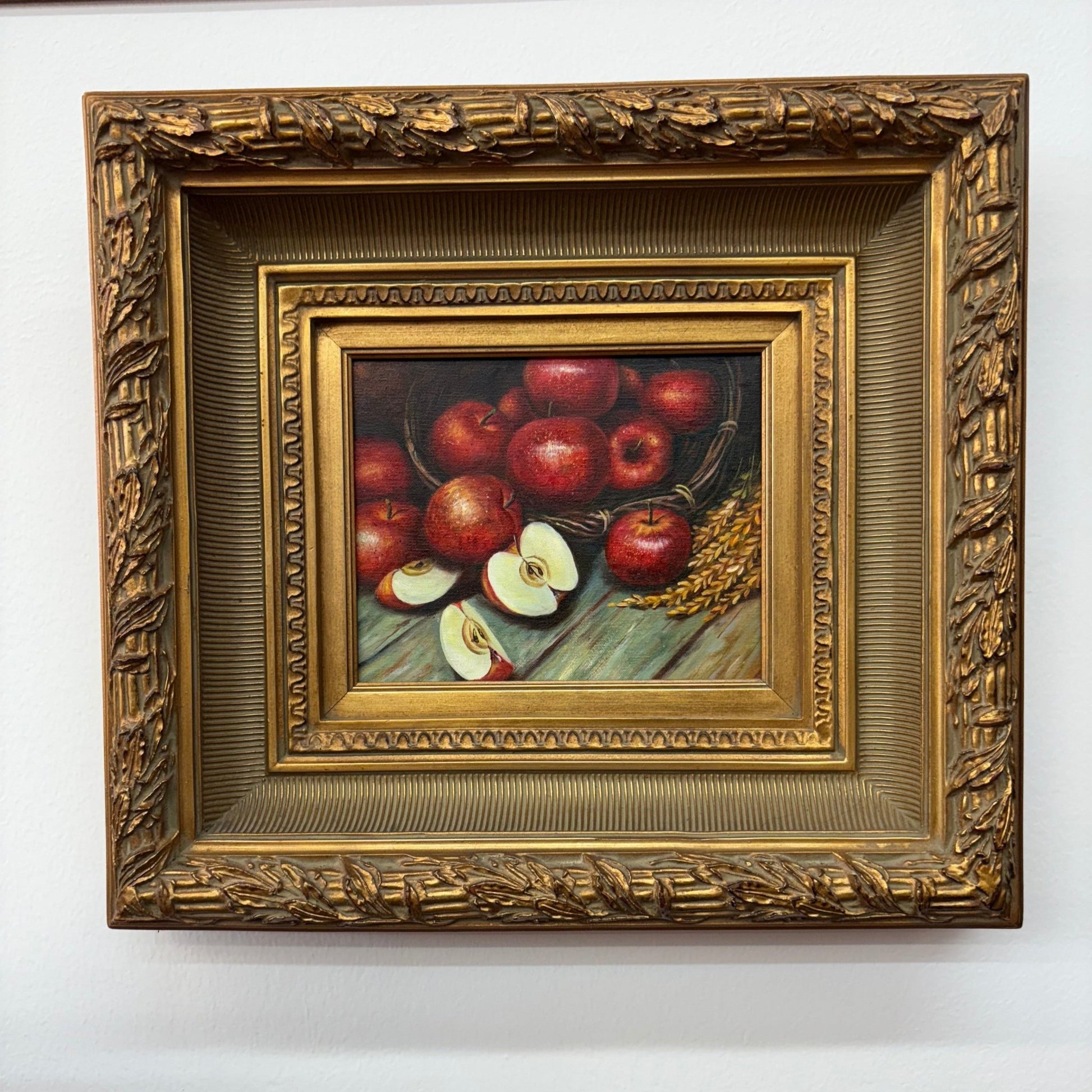 Framed Still-Life Oil — Basket of Red Apples, Ornate Gilt Frame, 20″ × 18″ - Loom Vintage