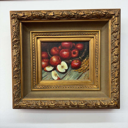 Framed Still-Life Oil — Basket of Red Apples, Ornate Gilt Frame, 20″ × 18″ - Loom Vintage