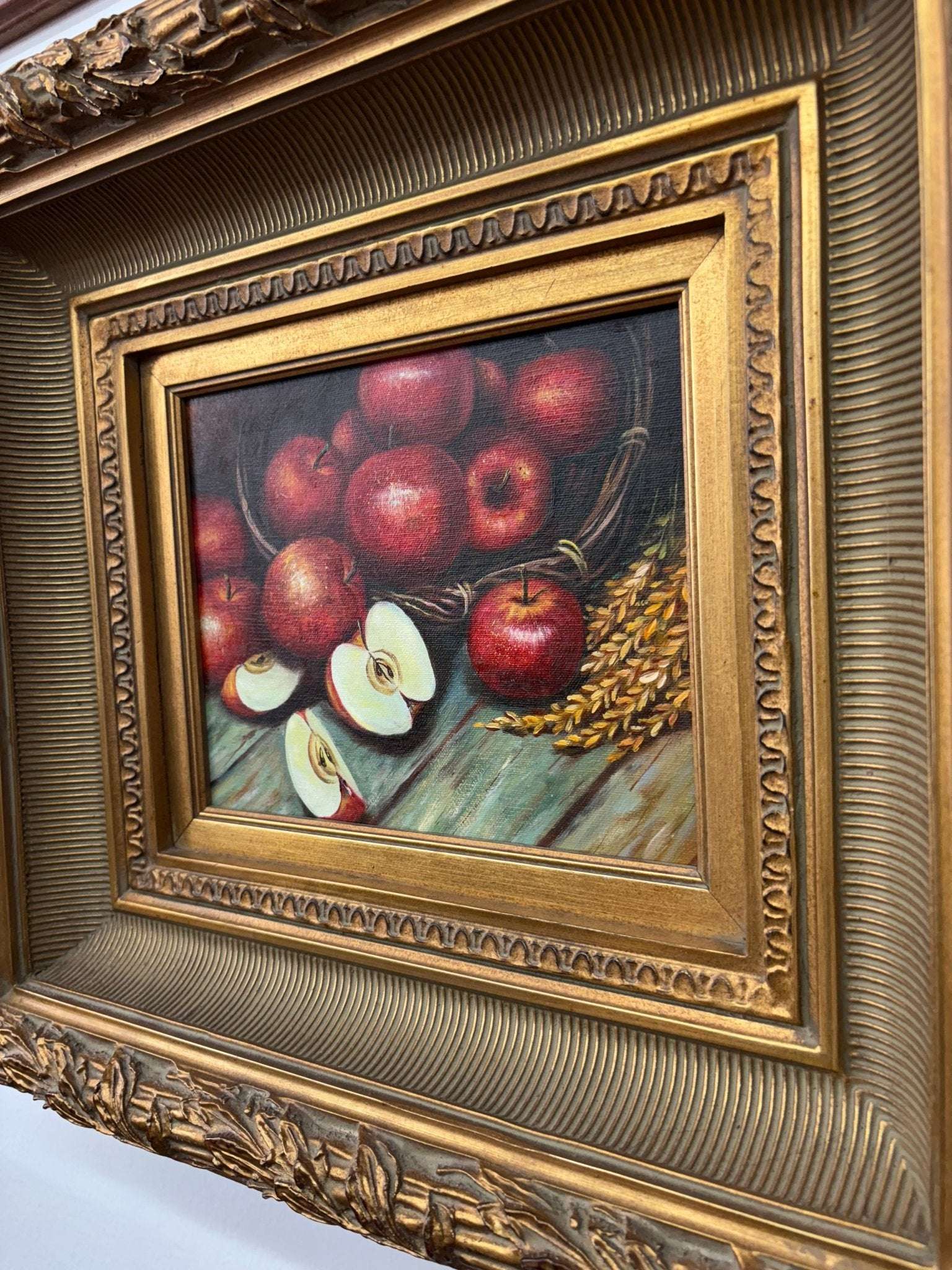 Framed Still-Life Oil — Basket of Red Apples, Ornate Gilt Frame, 20″ × 18″ - Loom Vintage