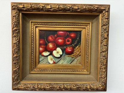 Framed Still-Life Oil — Basket of Red Apples, Ornate Gilt Frame, 20″ × 18″ - Loom Vintage