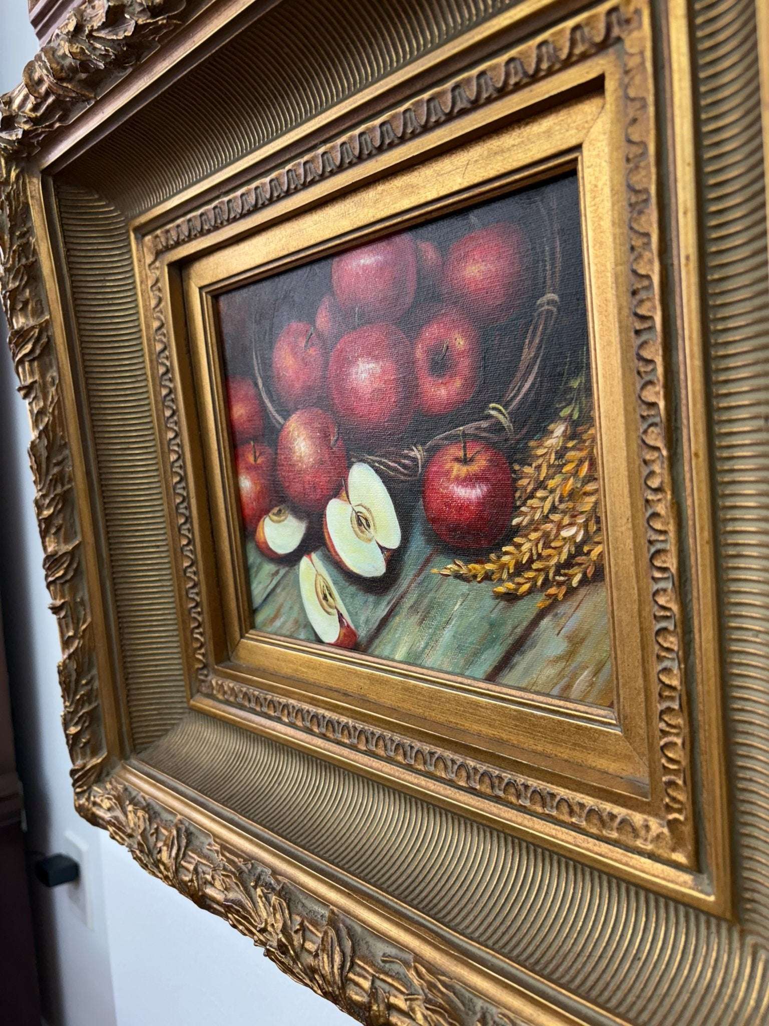 Framed Still-Life Oil — Basket of Red Apples, Ornate Gilt Frame, 20″ × 18″ - Loom Vintage