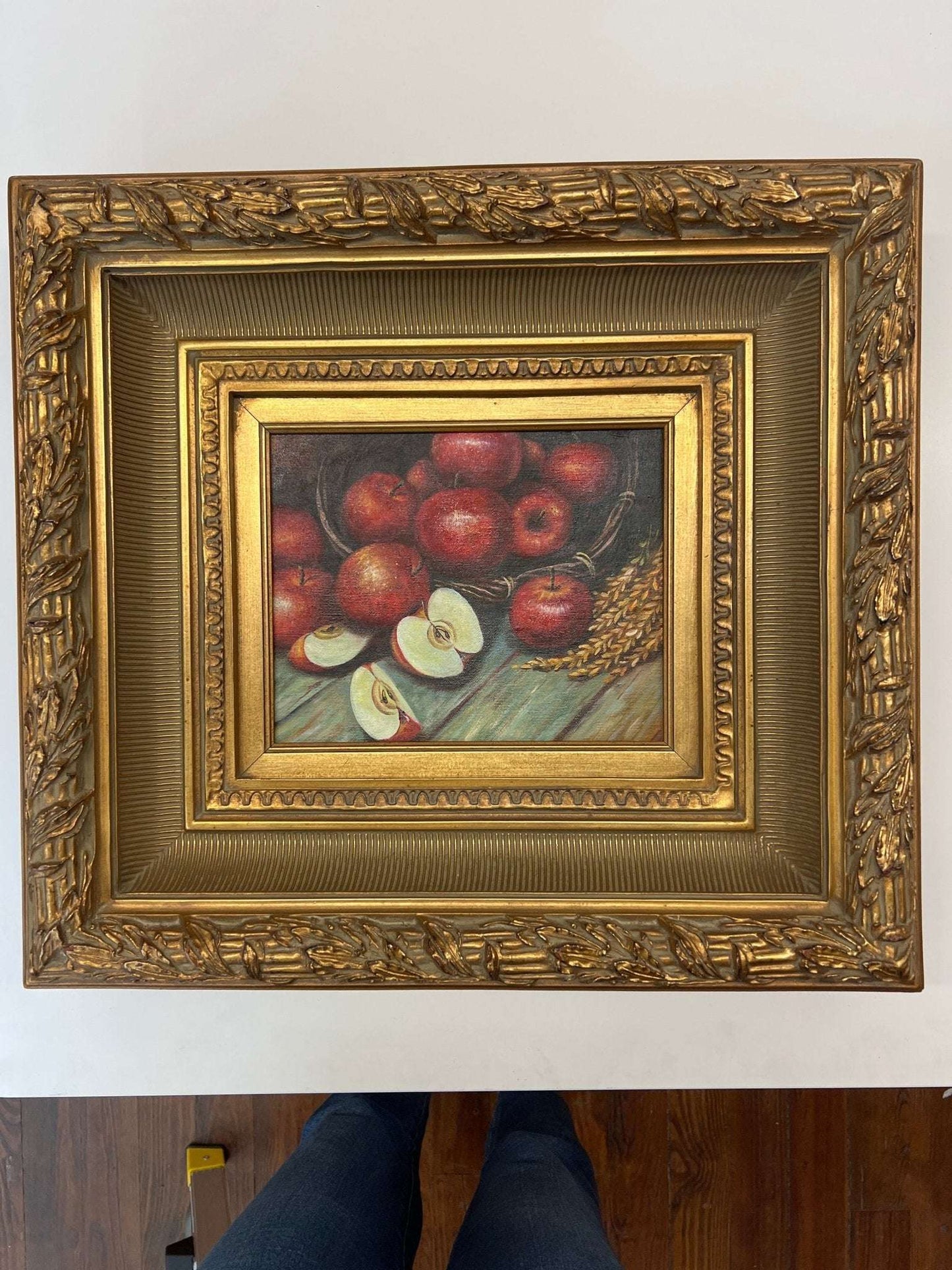 Framed Still-Life Oil — Basket of Red Apples, Ornate Gilt Frame, 20″ × 18″ - Loom Vintage