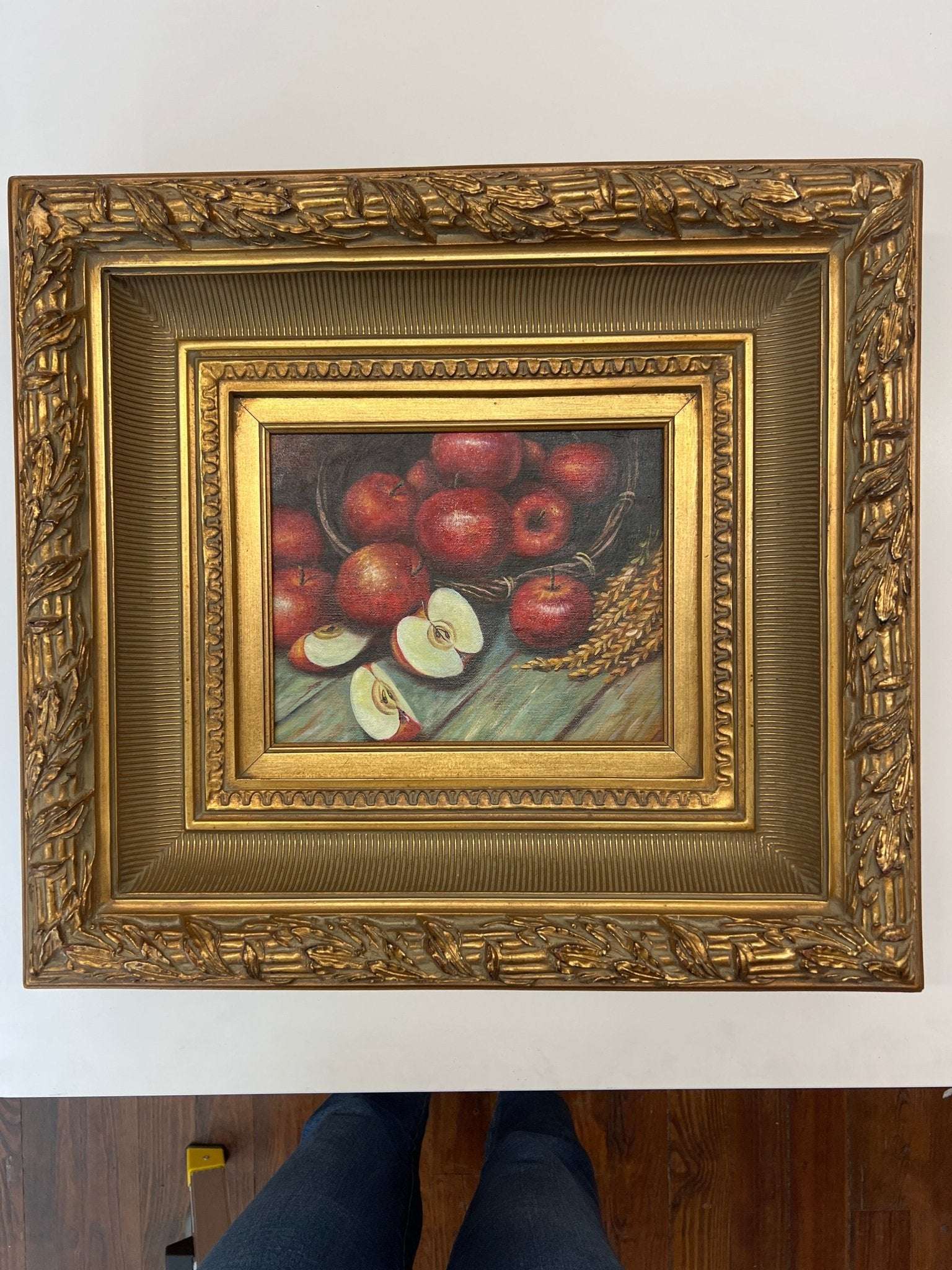 Framed Still-Life Oil — Basket of Red Apples, Ornate Gilt Frame, 20″ × 18″ - Loom Vintage