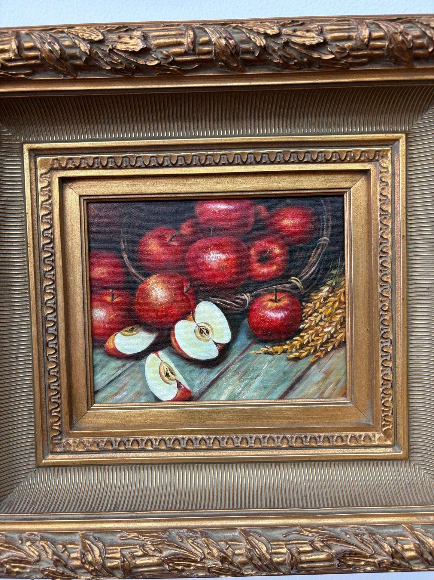 Framed Still-Life Oil — Basket of Red Apples, Ornate Gilt Frame, 20″ × 18″ - Loom Vintage