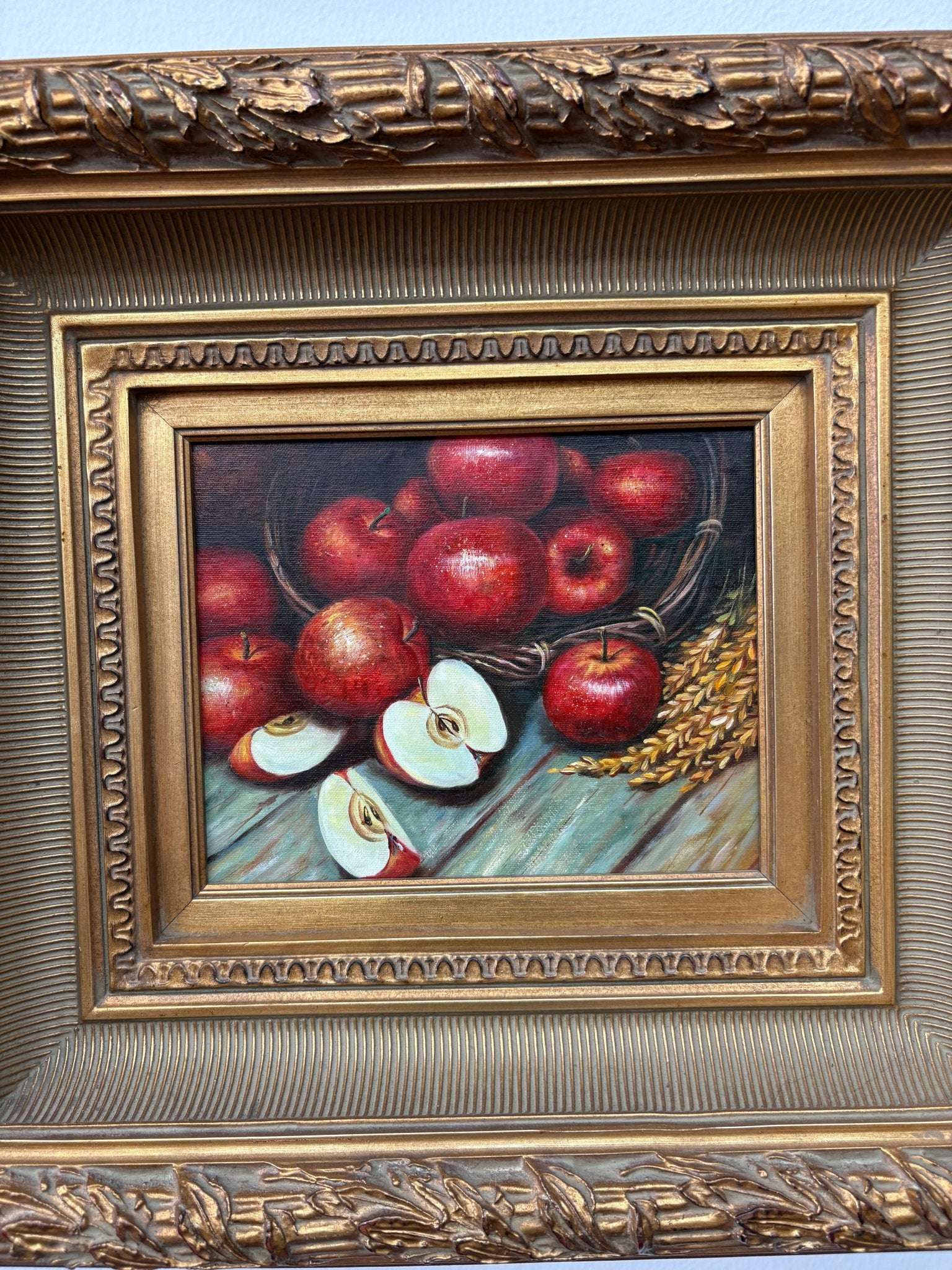 Framed Still-Life Oil — Basket of Red Apples, Ornate Gilt Frame, 20″ × 18″ - Loom Vintage