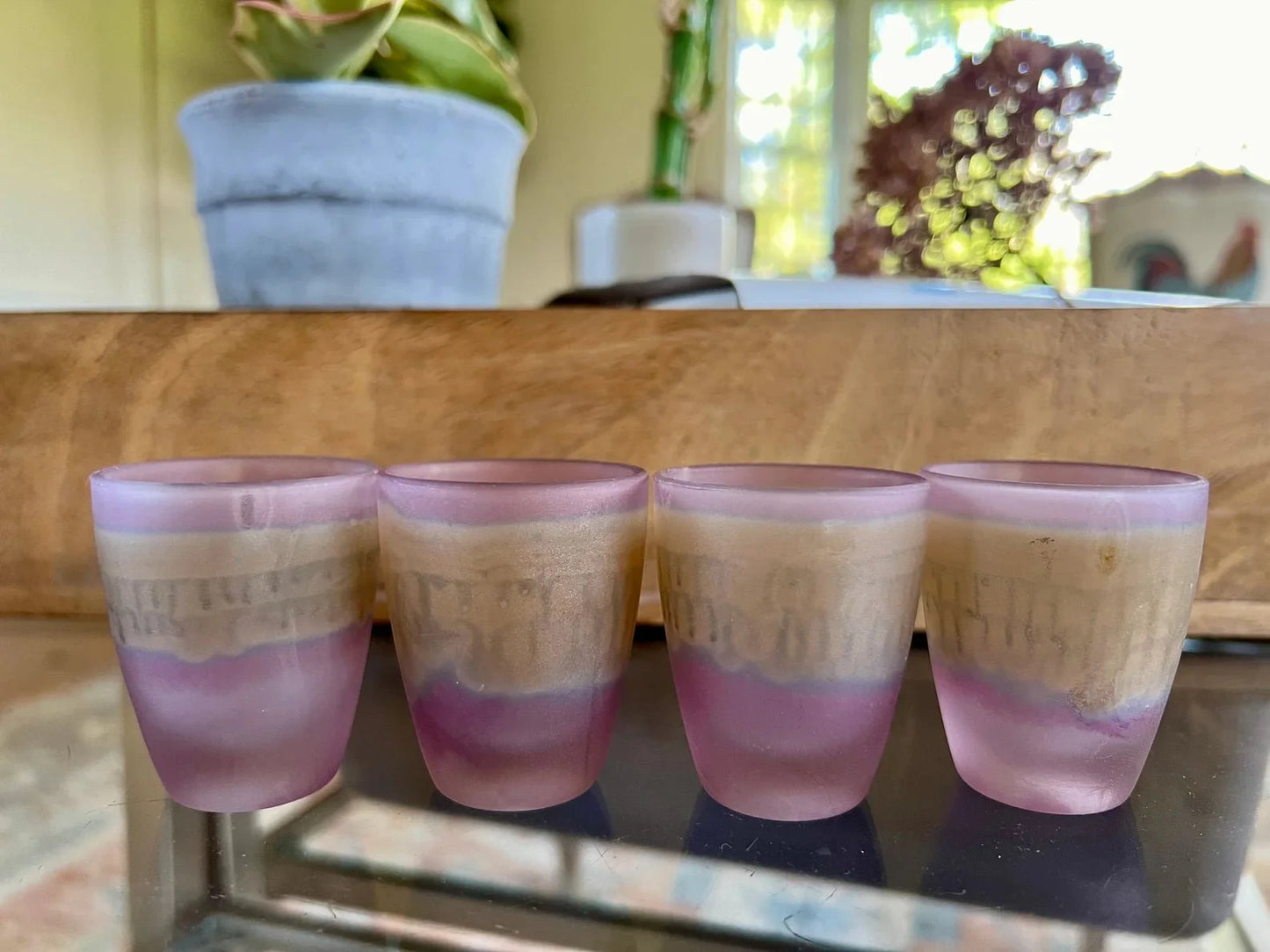 French Frosted Glass Decanter Set - Pink/Purple, 5-Piece MCM Bar Set - Loom Vintage