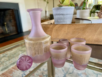 French Frosted Glass Decanter Set - Pink/Purple, 5-Piece MCM Bar Set - Loom Vintage