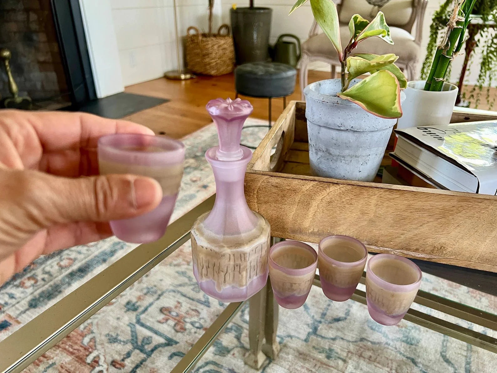 French Frosted Glass Decanter Set - Pink/Purple, 5-Piece MCM Bar Set - Loom Vintage