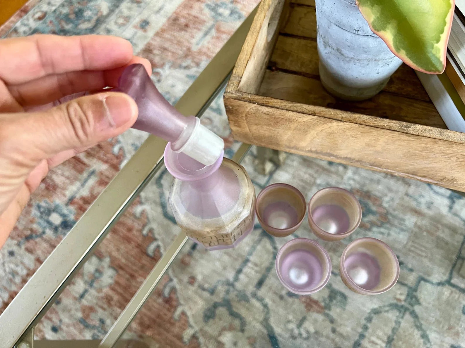 French Frosted Glass Decanter Set - Pink/Purple, 5-Piece MCM Bar Set - Loom Vintage