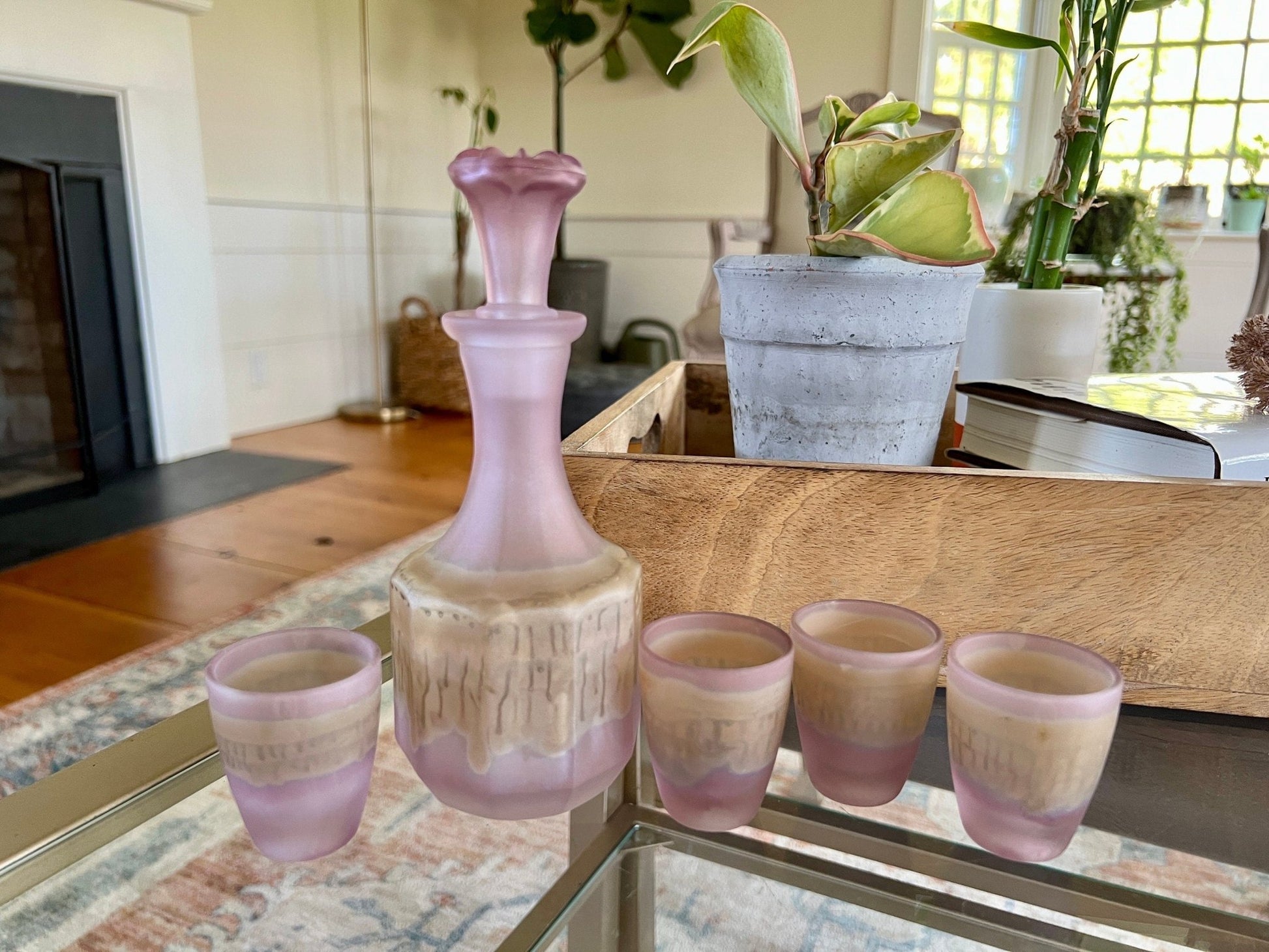 French Frosted Glass Decanter Set - Pink/Purple, 5-Piece MCM Bar Set - Loom Vintage