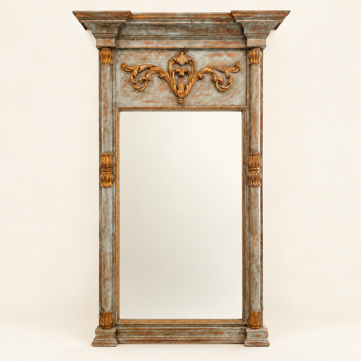 Large French Trumeau Style Painted & Gilt Pier Mirror, Blue-Green, photo 1 of 7