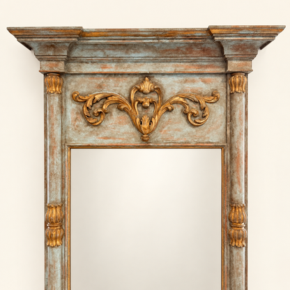 Large French Trumeau Style Painted & Gilt Pier Mirror, Blue-Green, photo 2 of 7