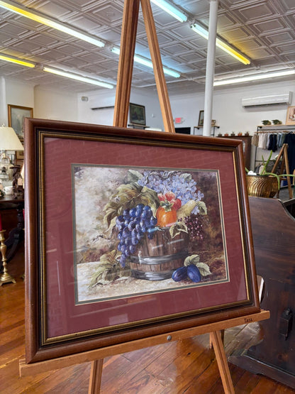 Fruit Still-Life Print by "Lynne" — Grapes, Plums & Barrel, Burgundy Mat, Walnut Frame, 23"x19" - Loom Vintage