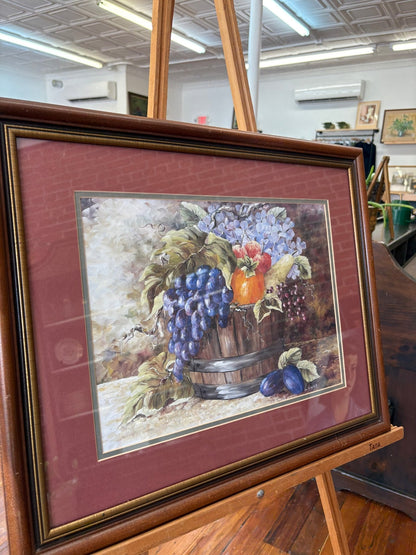 Fruit Still-Life Print by "Lynne" — Grapes, Plums & Barrel, Burgundy Mat, Walnut Frame, 23"x19" - Loom Vintage