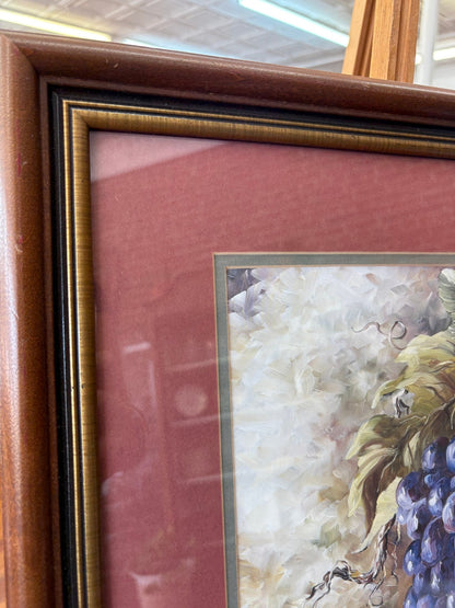 Fruit Still-Life Print by "Lynne" — Grapes, Plums & Barrel, Burgundy Mat, Walnut Frame, 23"x19" - Loom Vintage