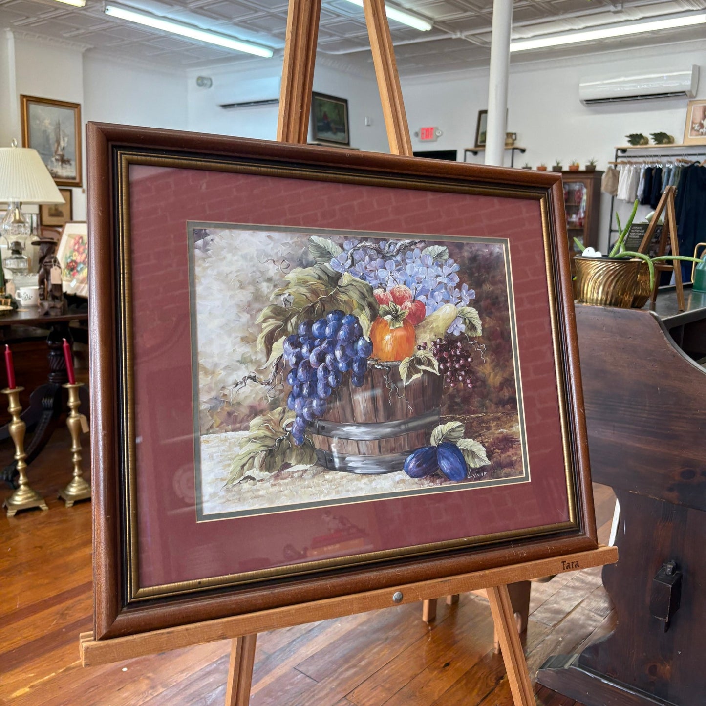 Fruit Still-Life Print by "Lynne" — Grapes, Plums & Barrel, Burgundy Mat, Walnut Frame, 23"x19" - Loom Vintage